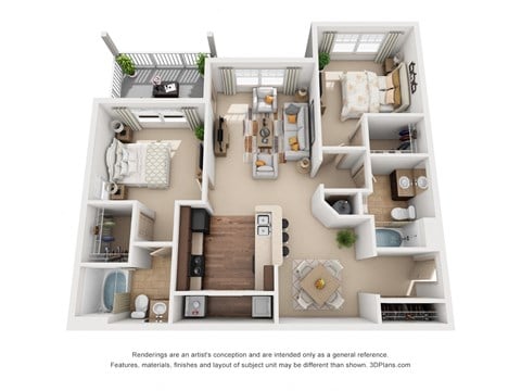 Floor plan for 2 beds, 2 baths, 1079 sqft